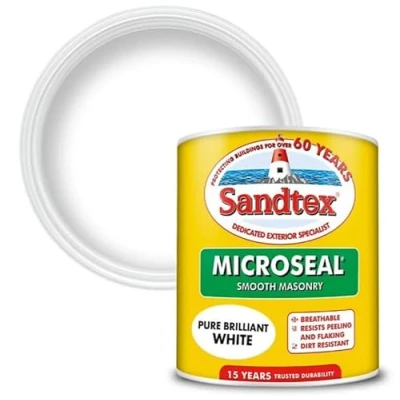 Image of Sandtex Microseal Exterior Smooth Masonry Paint Pure Brilliant White 1L Rainproof in 1 hour