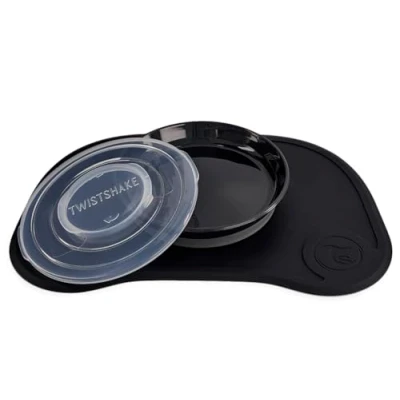 Image of Twistshake Click Mat Tableware Set Feeding Placemat 38x25 cm + Weaning Plate with Lid for Baby, Toddlers and Kids, Self Feeding, Fits Most Smooth Table, BPA Free, 6+ Months, Black