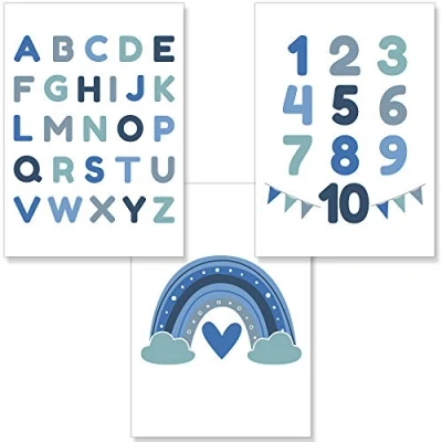 Image of PREMYO Wall Art Prints Nursery Decor Baby Room Decoration Boy Kids Poster Set Alphabet ABC Rainbow Blue Picture A4
