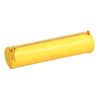 Image of RHODIA 318996C Rhodiarama Daffodil Round Pencil Case 21.5 x 5.5 cm Genuine Orange Stitching Ivory Jersey Interior Faux Leather Storage for Pens, Pencils, Markers, Small Supplies