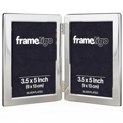 Image of Frametigo Silver Plated Flat Edge Double Photo Frame Fits Size 3.5&quot;x5&quot; (9x13cm)