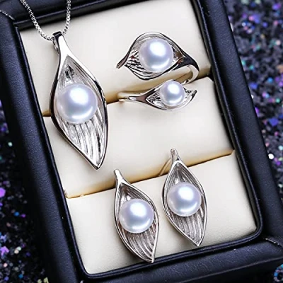 Image of LOKILOKI 925 Sterling Silver Jewelry Sets Natural Freshwater Pearl Earrings Party Pendant Necklaces For Women Adjustable Ring Set