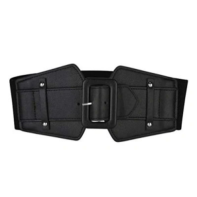 Image of CHIC DIARY Women Wide Elastic Waist Belt Vintage PU Leather Cinch Retro Chunky Buckle Belts Waistband For Jeans Dresses(Black)