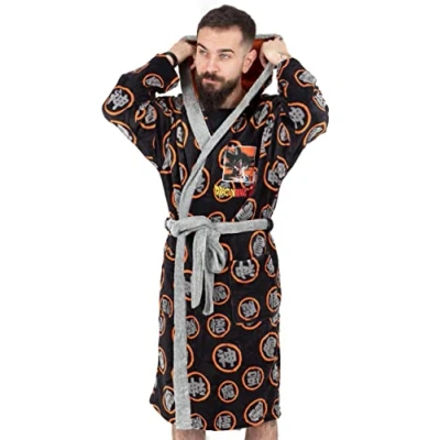 Image of Dragonball Z Goku Dressing Gown For Men Adults Action Character Pockets Black Orange Bathrobe Anime Series Game Pjs Robe