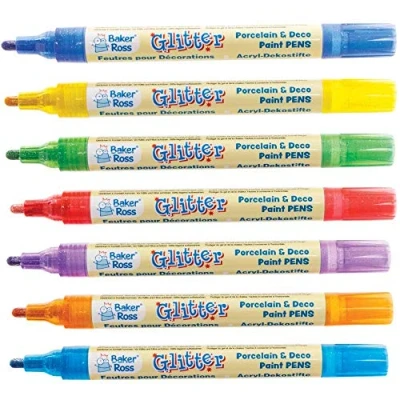 Image of Baker Ross FE193 Rainbow Glitter Porcelain &amp; Deco Paint Pens Pack of 7, Arts and Crafts Supplies, Acrylic Markers for Kids, Children