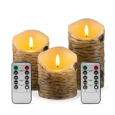 Image of Aku Tonpa Birch Bark Effect Flameless Candles Battery Operated Pillar Real Wax Flickering Electric LED Candle Sets with Remote Control Cycling 24 Hours Timer, 4&quot; 5&quot; 6&quot; Pack of 3