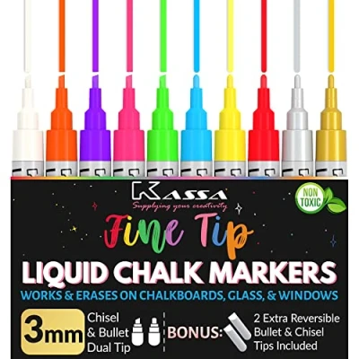 Image of Kassa Liquid Chalk Markers Fine Tip (10 Pack 3mm) Chalkboard Erasable Gold &amp; Silver Included Wet Erase for Glass Blackboard Windows Pens Include Dual Chisel Bullet