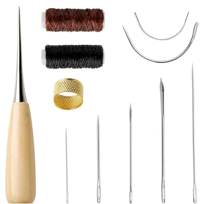Image of HRLORK 11 Pcs Curved Upholstery Leather Needles Hand Sewing Kits with Waxed Thread Cord Drilling Awl and Thimble for Repair, Fabric DIY Crafts