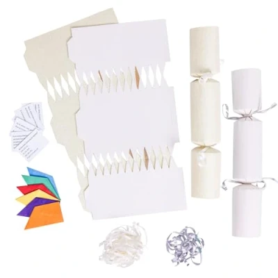 Image of evelay 12 Make Your Own Christmas Cracker Kit DIY White &amp; Cream Glitter Crackers Hats Snaps Jokes (White, Cream)