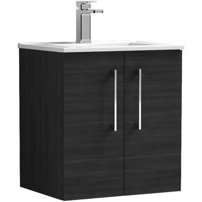 Image of nuie ARN621B Arno Modern Bathroom Wall Hung 2 Door Vanity Unit with Minimalist Ceramic Basin, Woodgrain Charcoal Black