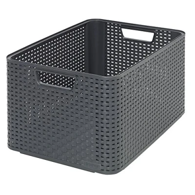 Image of Curver Storage Basket Style 30L Textured Rattan Look For Bedroom, Living Room, Bathroom, Laundry Room 44.5 x 33 25 cm Anthracite 70% Recycled