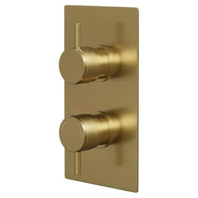 Image of Wholesale Domestic Colore Round Brushed Brass Concealed Twin Thermostatic Shower Valve with Diverter and Half Knurled Control Handles 2 Outlet