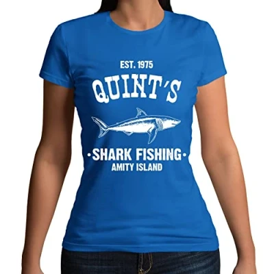 Image of Womens Quints Fishing Shark Jaws Inspired Amity Cult Movie T Shirt Royal Blue UK 12 14 (XL)