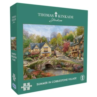 Image of Gibsons Thomas Kinkade Summer in Cobblestone Village 1000 Piece Jigsaw Puzzle Beautiful Artwork Sustainable for Adults Teens Premium 100% Recycled Board Great Gift Games