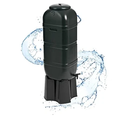 Image of Black Outdoor Slim Line 100 Litre Space Saver Rain Collector Water Butt Kit Complete With Stand, Lid &amp; Diverter