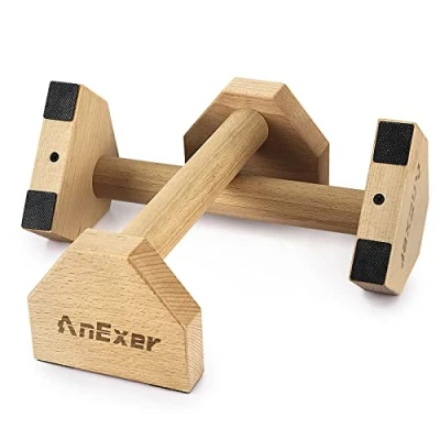 Image of AnExer Wooden Parallettes Bars, Solid Wood Push up Bar, Bars Calisthenics Equipment with Non Slip Mat Handles for Floor Exercise Home Workout Strength Training (40cm)