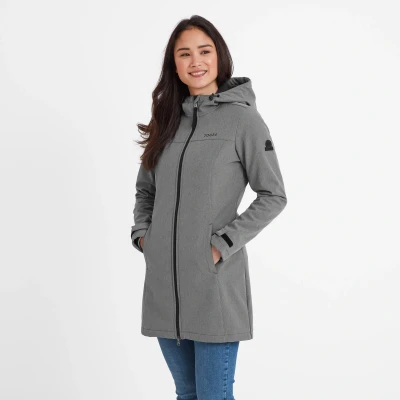 Image of TOG24 Keld Lightweight Long Womens Softshell Jacket, Windproof, Showerproof Zip Up Outdoor Jacket with Hood, Fleece Lined for Warmth, Ideal hiking, walking and everyday use