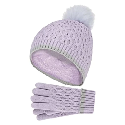 Image of HEAT HOLDERS Girls Thermal Insulated Pom Bobble Beanie Hat and Gloves Colourful Pastel Styles (7 10 Years, Lavender Frost)