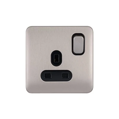 Image of Schneider Electric Lisse Screwless Deco Switched Single Power Socket, 13A, Pole, GGBL3010BSS, Stainless Steel with Black Insert