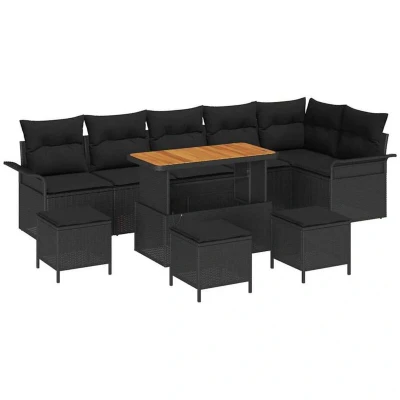 Image of vidaXL 10 Piece Garden Sofa Set with Cushions Black Poly Rattan Acacia