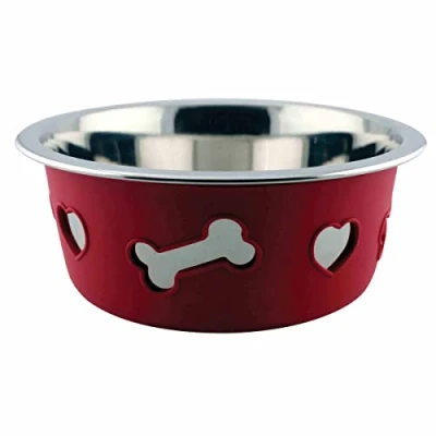 Image of WeatherBeeta Non Slip Stainless Steel Silicone Bone Dog Bowl, Raspberry, 21cm