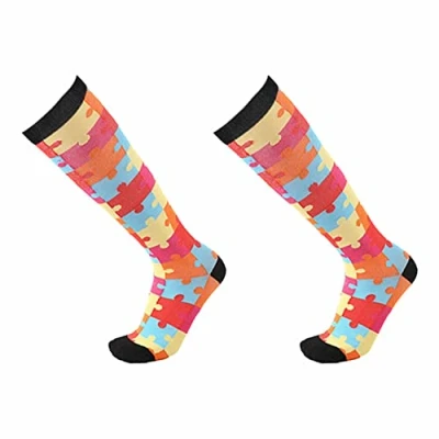Image of Flo Fashion Bright Pattern Knee High with Nylon, Stretch Yarn &amp; Spandex Compression Light Weight Socks Design of Puzzle L/XL