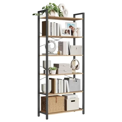 Image of VASAGLE LLS082B48 Large Tall Bookcase 6 Tier Steel Frame for Living Room Bedroom Home Office Study 30 x 80 186 cm Industrial Look Walnut Black