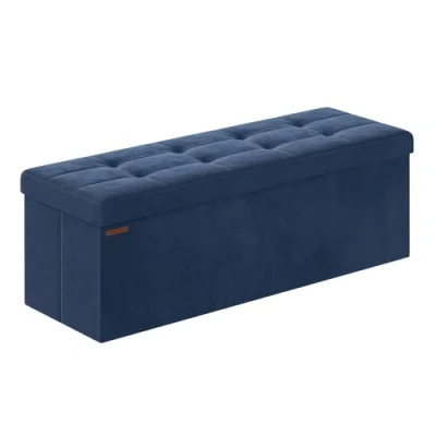 Image of SONGMICS Storage Ottoman, Foldable Small Ottoman Foot Rest, 38 x 110 cm, Cube with Storage, Load up to 300 kg, for Living Room, Bedroom, Entryway, Midnight Blue LSF277Q51