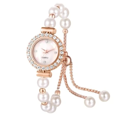 Image of JewelryWe Women&#039;s Pearl Bracelet Watch: Ladies Rose Gold Quartz Adjustable Stainless Steel Elegant Round Dial Bangle Watch for Christmas