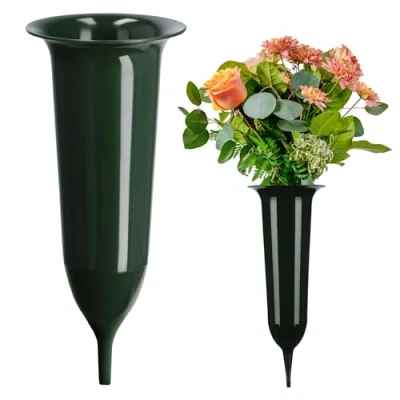 Image of KADAX Spiked Grave Vase, Plastic Memorial Weatherproof Flower Holder for Cemetery, Graveside Ornament Artificial Flowers (23 cm, Green)