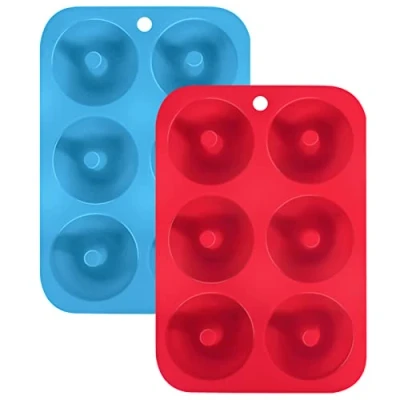 Image of Silicone Donut Molds, 6 Cavity Non Stick Baking Tray for Donuts, Muffins, Bagels, Cookies, Cakes, Blue, Red, Pack of 2