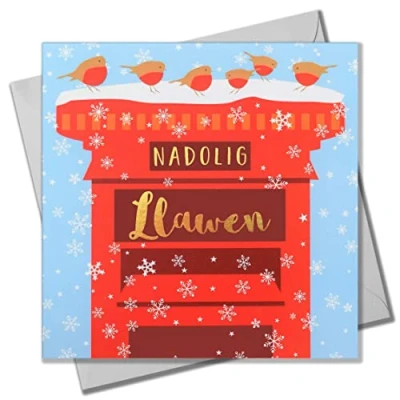Image of Welsh Christmas Card, Robins on a Postbox, text foiled in shiny gold