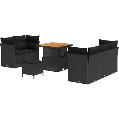 Image of vidaXL 8 Piece Garden Sofa Set with Cushions Black Poly Rattan Acacia