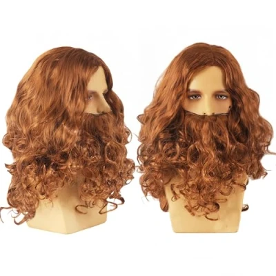 Image of SDXCJY Wig and Beard Adults Mens Wigs Long Curly Fluffy Cosplay Halloween Character Costume Brown Cury Dark Mustache Layered Fake Wizard Adult Christmas. (Brown)
