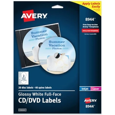 Image of Avery Full Face CD Labels for Inkjet Printers, Glossy White, 20 Disc and 40 Spine (8944)