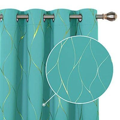 Image of Deconovo Home Decoration Eyelet Thermal Insulated Curtains, Gold Wave Foil Printed Room Darkening Curtains for Livingroom 46 x 90 Inch (Width Length), Turquoise, One Pair