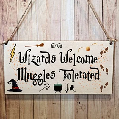 Image of Second Ave Funny Wizards Welcome Muggles Tolerated Wooden Hanging Gift Friendship Rectangle Sign Plaque