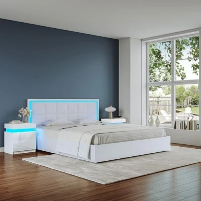 Image of Chebinsiti Ottoman Bed, 4ft6 Double Upholstered Bed Lift Storage with LED Lights Faux Leather End Under Bedroom Furniture White
