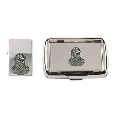Image of Sherlock Holmes Polished Chrome Tobacco tin and stormproof Petrol Lighter