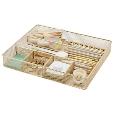 Image of Annova Desk Drawer Organizer/Storage Tray Metal Mesh with Dividers for Pens, Desktop Accessories, Bathroom, Kitchen, Makeup and Office Supplies (Gold)