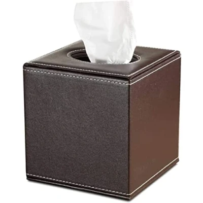 Image of GORESE Leather Cube Square Tissue Box Cover Holder (Brown)