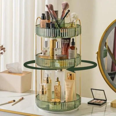 Image of Rotating Makeup Organiser, 3 Tier Green Make Up Organiser Perfect For, Skincare Bathroom Storage, Cosmetics Perfume (Green, Tier)