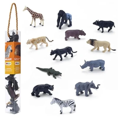 Image of MOJO African Wildlife Mini Worlds Tube Playset 12pc Lions, Giraffe, Gorilla, Panther, Rhino, Elephant, Zebra, Tiger, Hippo, Bull, Bear Collection Designed in UK
