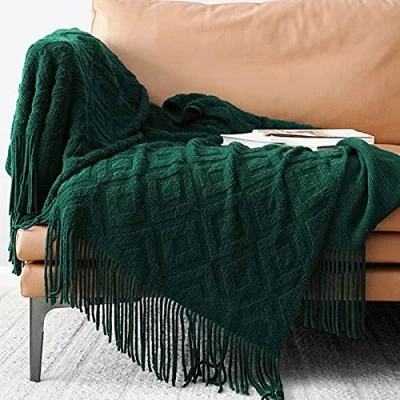 Image of LumiSyne Knitted Throw Blanket Fringes Tassels Solid Color Jacquard Diamond Pattern Lightweight Soft Throws Armchair Cover Decorative For Couch Sofa Bed Settee 170x130cm