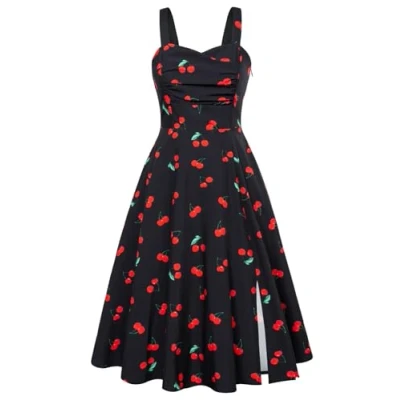 Image of Women 50s Style Dress Elegant Sleeveless Vintage Wedding Guest Formal Cherry Black S