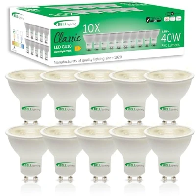 Image of Bell Lighting GU10 LED Bulb 10 Pack Warm White 2700K 350 Lumen 4.4 Watts Energy Saving Light Bulbs 50W Halogen Spotlight Equivalent 38 Wide Beam Non Dimmable
