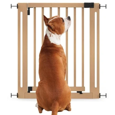 Image of Bettacare Wooden Elegance Dog Gate, Natural, 79cm 87cm, Pressure Fit Safety 57cm Extra Wide Doorway, One Piece Gate for Puppy, and Pet, Stylish Design Easy Installation