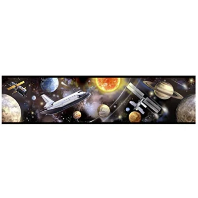 Image of RoomMates Space Travel Adhesive Border, Vinyl, Black, White and Yellow, 12.7 cm x 4.57 m