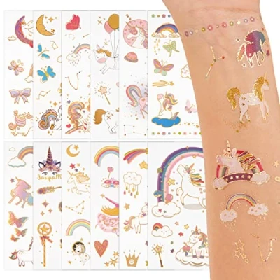 Image of 12 Sheets Unicorn Metallic Glitter Temporary Tattoo Stickers for Kids Tattoos Children Themed Party Favors Decorations Birthday Supplies