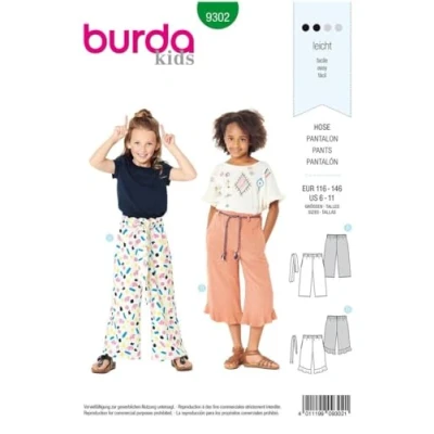Image of Burda Sewing Pattern 9302 Childrens Pants with Elastic Waist 116 146cm
